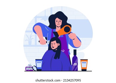 Beauty salon modern flat concept for web banner design. Hairdresser dries hair with hairdryer to client and does styling. Woman gets haircut in studio. Illustration with isolated people scene - Powered by Shutterstock