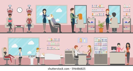 Beauty salon set. Hairdressing and manicure, spa and makeup. Salon for women. Pink interior. - Powered by Shutterstock