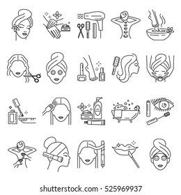 Beauty, Skin Care, Manicure, Facial Mask, Makeup, Pedicure, Haircut, Cosmetics,  Hair Coloring, Massage Line Icons Set, Illustration. 