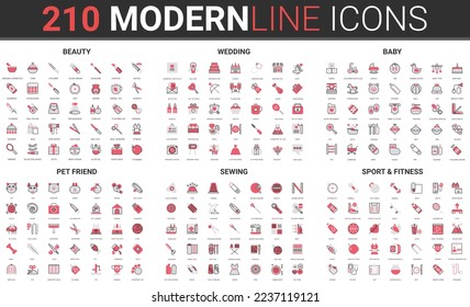 Beauty, sport fitness for body health, baby care thin red black line icon illustration set. Outline symbols for wedding bridal party ceremony, veterinary for pet animal friend, sewing items - Powered by Shutterstock