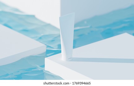 Beauty Treatment Medical Skincare Cosmetic Lotion Cream Mockup Packaging In Water Wave Sea, 3d Illustration Rendering