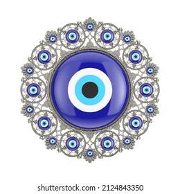 Beauty Turkish Silver Evil Eye Amulet, Talisman Or Brooch On A White Background. 3d Rendering 