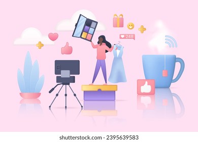 Beauty vlog, fashion and makeup live channel with consultant. Tiny woman influencer talking about cosmetics products in social media, video presentation flat illustration. Vlogging concept - Powered by Shutterstock