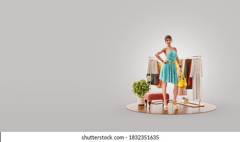 Beauty Woman In Casual Clothes Standing In Boutique. Cloth Market. Online Shopping Concept. Unusual 3d Illustration