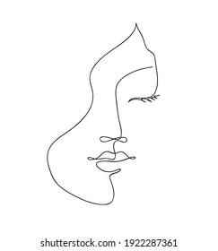 Beautyfull Girl Face. Attractive Young Woman Portrait Female Beauty Concept. Continuous One Line Drawing. Black And White  Illustration