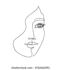 Beautyfull girl face. Attractive young woman portrait female beauty concept. Continuous one line drawing. Black and white  illustration