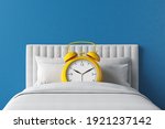 Bed alarm clock yellow bedroom time snooze function soft night morning day alert sleep mode sound. Start the day but wake up late of tiredness to fresh sleep until the appointment. 3D Illustration.