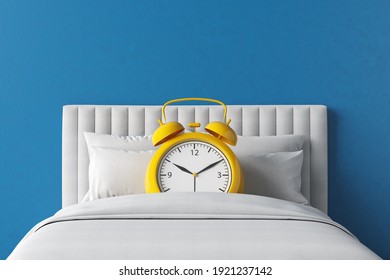 Bed alarm clock yellow bedroom time snooze function soft night morning day alert sleep mode sound. Start the day but wake up late of tiredness to fresh sleep until the appointment. 3D Illustration. - Powered by Shutterstock