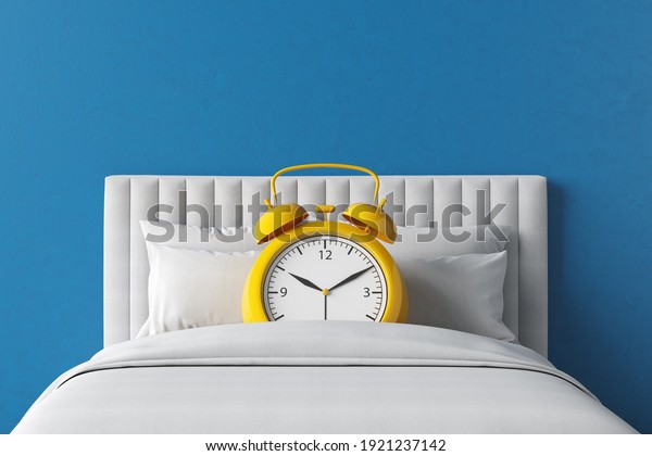 Bed alarm clock yellow bedroom time snooze\
function soft night morning day alert sleep mode sound. Start the\
day but wake up late of tiredness to fresh sleep until the\
appointment. 3D\
Illustration.
