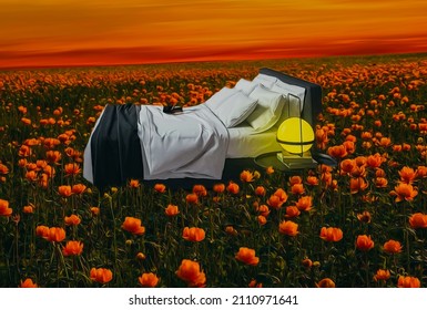 A Bed With A Bedside Table And A Lamp In A Field Of Flowering Trollius. 3D Illustration. Imitation Of Oil Painting.