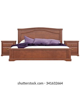 Bed with bedside tables, front view. 3D graphic isolated object on white background