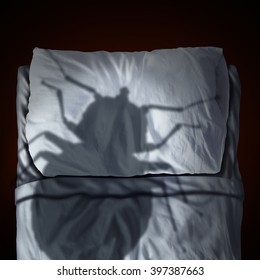 Кровать ошибка страх или кровать ошибка беспокоиться концепции как бросить тень паразитического вредителя насекомых, лежащей на подушке и простынях в качестве символа и метафоры для беспокойства в качестве 3D-иллюстрации.
