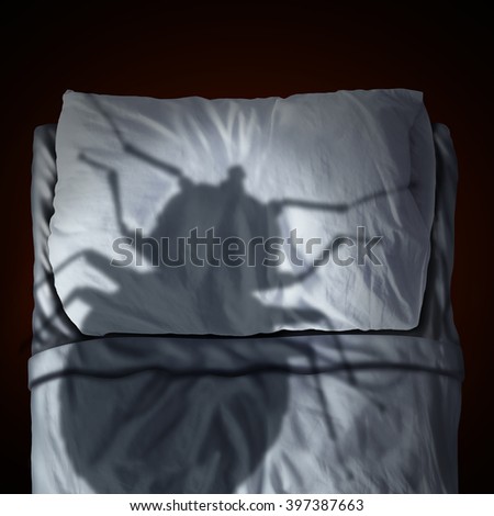 Bed bug fear or bedbug worry concept as a cast shadow of a a parasitic insect pest resting on a pillow and sheets as a symbol and metaphor for the anxiety as a 3D illustration.