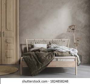 Bed With Linen Bedding, Dry Plant And Wooden Door In Bedroom, Room In Natural Tones, 3d Render