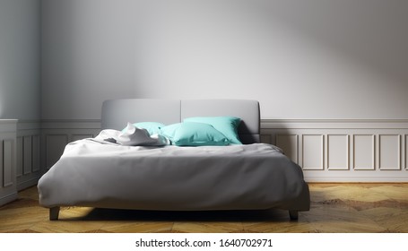 Bed with satin linen in classic style apartment at home or hotel. 3D illustration - Shutterstock ID 1640702971