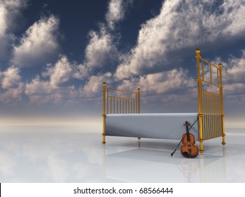 Bed And Violin In Surreal Space