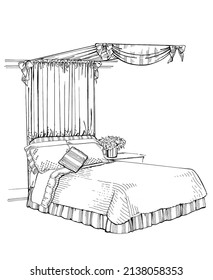 Bedcovering With Coordinating Fabric Behind And On Top Of Bed With Matching Dust Ruffle, Pillows, And Head Board
