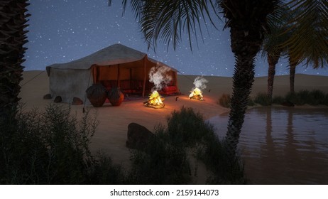 Bedouin Tent In An Oasis In The Desert At Night With Stars In The Sky. 3D Renderin.