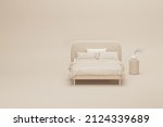 Bedroom with beb and lamp in pastel cream background, monochrome single color beige. Light background with copy space. 3D rendering for web page, presentation or picture background
