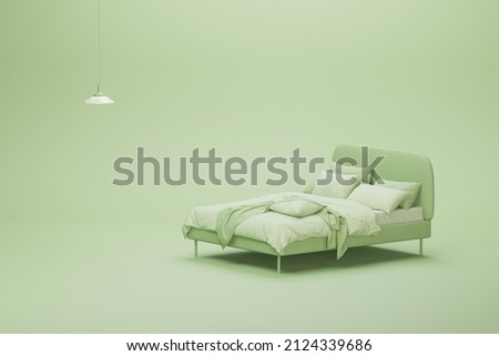 Bedroom with beb and lamp in pastel green background, monochrome single color green. Light background with copy space. 3D rendering for web page, presentation or picture background
 Foto stock © 