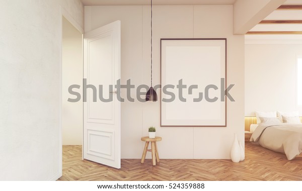 Bedroom Bed Framed Poster Open Door Stock Illustration 524359888