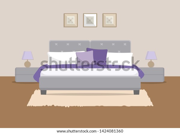 Bedroom Beige Purple Color There Bed Stock Image Download Now