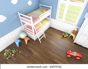 children´s bedroom in blue walls with bunk bed and lots of toys on the floor seen from above