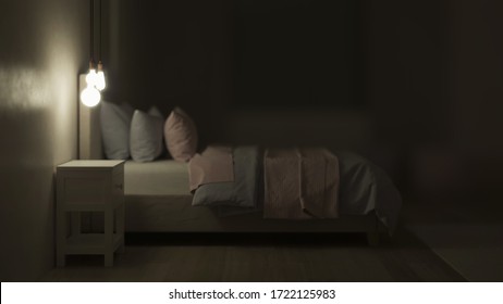 Bedroom Designed For Girls. Kids Room Design. Night. Evening Lighting. 3D Rendering.