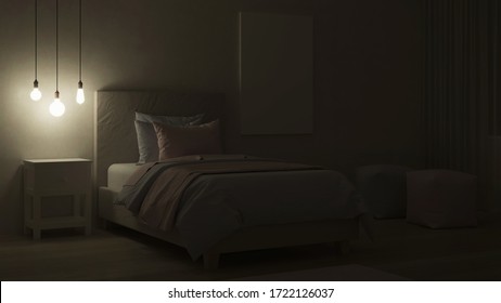 Bedroom Designed For Girls. Kids Room Design. Night. Evening Lighting. 3D Rendering.