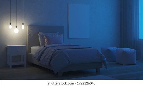 Bedroom Designed For Girls. Kids Room Design. Night. Evening Lighting. 3D Rendering.