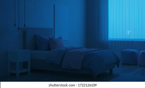 Bedroom Designed For Girls. Kids Room Design. Night. Evening Lighting. 3D Rendering.