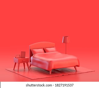 Bedroom with floor lamp and nightstand in red background, monochrome single color red 3d Icon, 3d rendering