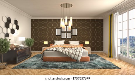 Bedroom interior. Bed. 3d illustration.