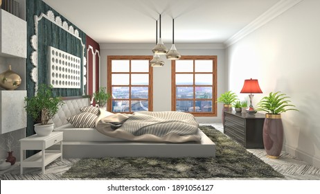 Bedroom Interior. Bed. 3d Illustration.