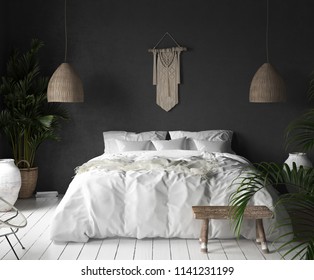 Bedroom interior with black wall,boho style decor and white bed, 3d render