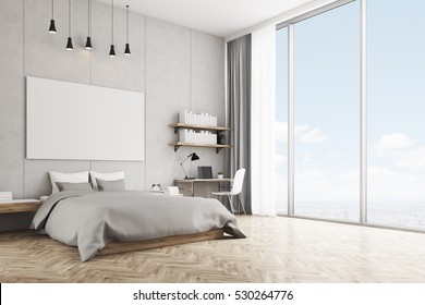 Bedroom interior with concrete walls and wooden floor and large panoramic window. There is a horizontal poster on the wall above the bed. 3d rendering. Mock up