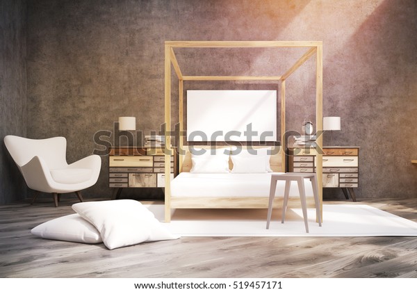 Bedroom Interior Containing Bed Pillars Armchair Stock