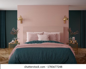 Bedroom Interior.Art Deco Style.Design With Green Pink And Gold Color.3d Rendering