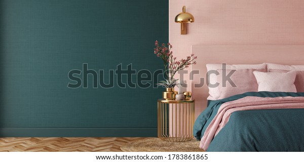 Bedroom interior.Art deco style.Design with\
green pink and gold color.3d\
rendering