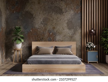 Bedroom Interior Design Concept Idea And Concrete Wall Texture Background.3D Rendering