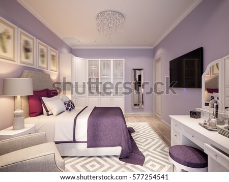 Similar – Image, Stock Photo Modern bedroom with purple accents and city view