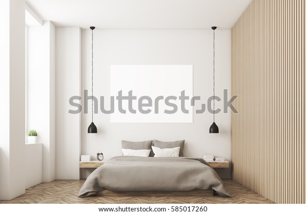 Bedroom interior with a double bed.\
Gray bedding and white and gray pillows. There is a horizontal\
poster hanging above the bed. 3D rendering. Mock\
up.