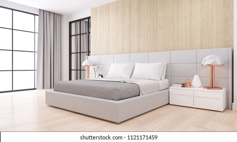 Bedroom Interior Dssign With Modern Minimalist Style.,Cozy White Room And Simple Comforts, White Bed On  Natural Wood, 3d Rendering