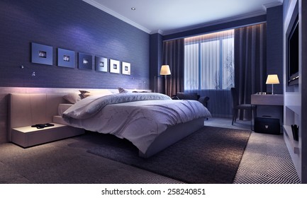 Bedroom interior, evening lighting. 3d images