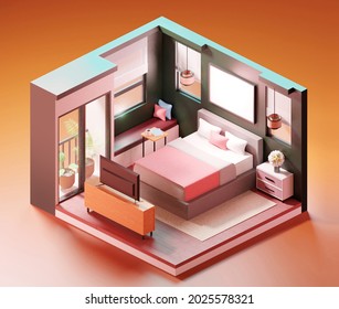 Bedroom Interior Isometric Scene. 3D Illustration