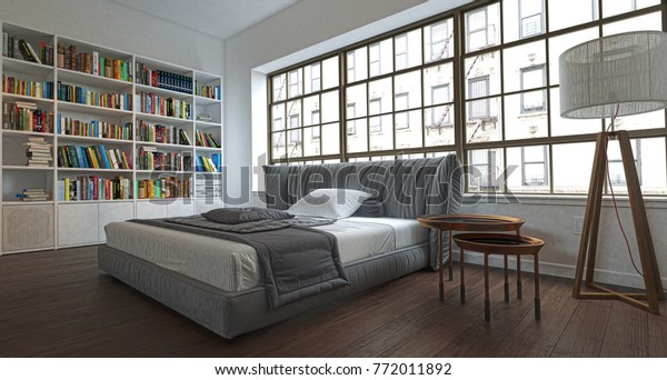 Bedroom Interior Library Open Space 3d Stock Illustration