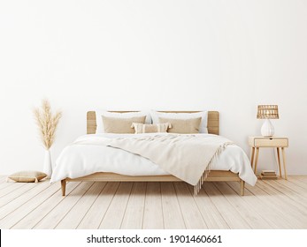 Bedroom Interior Mockup In Boho Style With Wooden Bed, Fringed Beige Blanket, Linen Cushion With Tassels, Dried Pampas Grass And Basket Lamp On Empty White Background. 3d Rendering, 3d Illustration