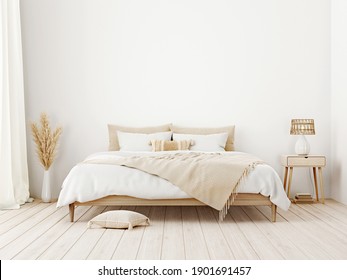 Bedroom interior mockup in boho style with fringed blanket, pillows with tassels, white bedding, dried pampas grass, basket lamp and curtain on empty white background. 3d rendering, 3d illustration