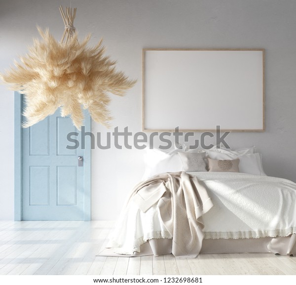 Bedroom Interior Poster Mockup Scandinavian Bohemian Stock Illustration