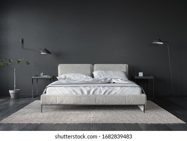 Bedroom Interior With White Bed On A Dark Gray Wall Background / 3D Illustration, 3d Render